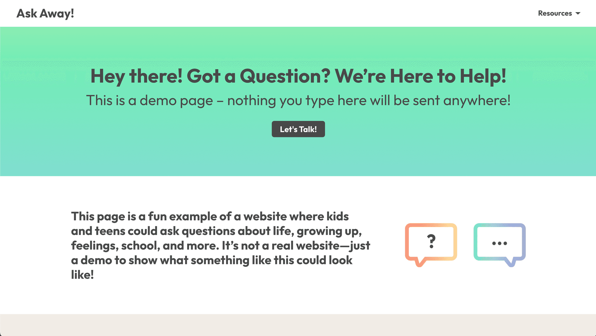 Screenshot of the landing page of the Ask Away website