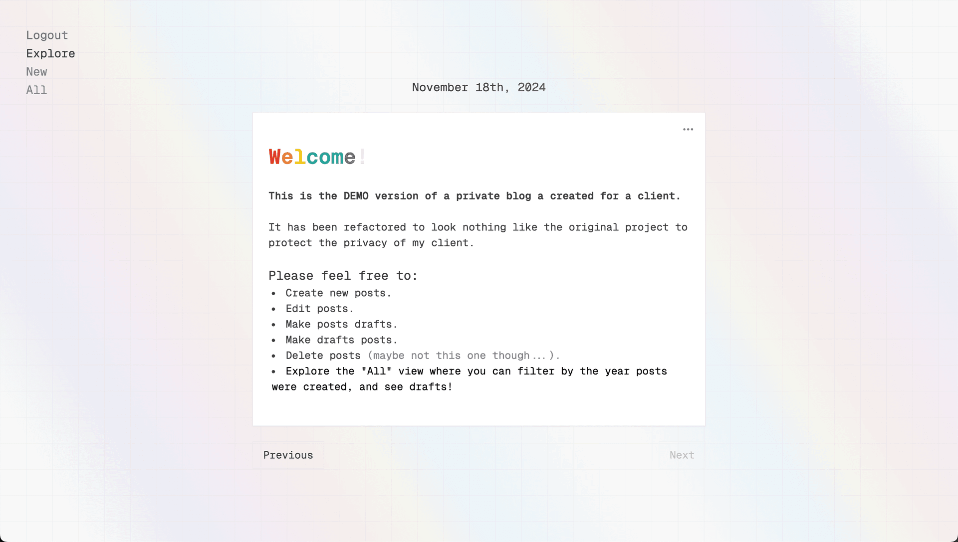 Screen shot of the landing page of the custom content management system